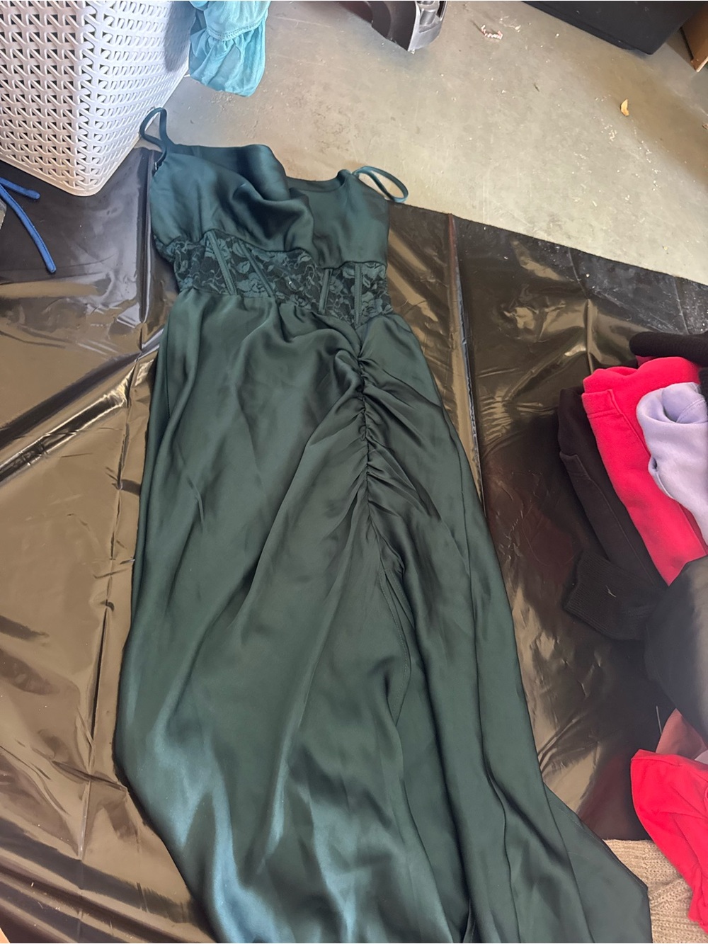 Elegant Green Satin Slip Dress with Lace Detail